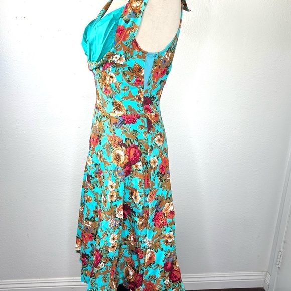 LINDY BOP Ophelia Turquoise Floral Print Swing Dress Midi Fit & Flare Size XS - Picture 7 of 14